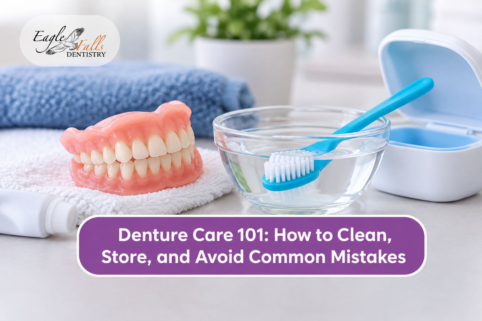 Dentures with a cleaning brush and storage container