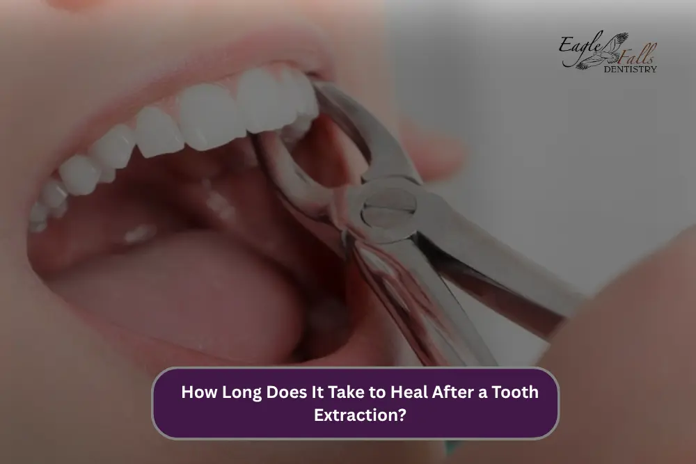 Tooth extraction procedure showing a dentist removing a tooth with dental forceps, with text about healing after extraction.