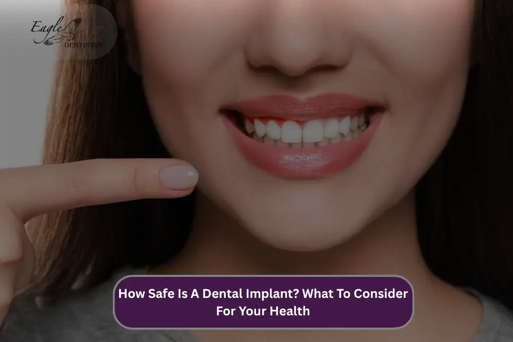 Smiling woman pointing to her teeth, illustrating dental implant safety and considerations for oral health.