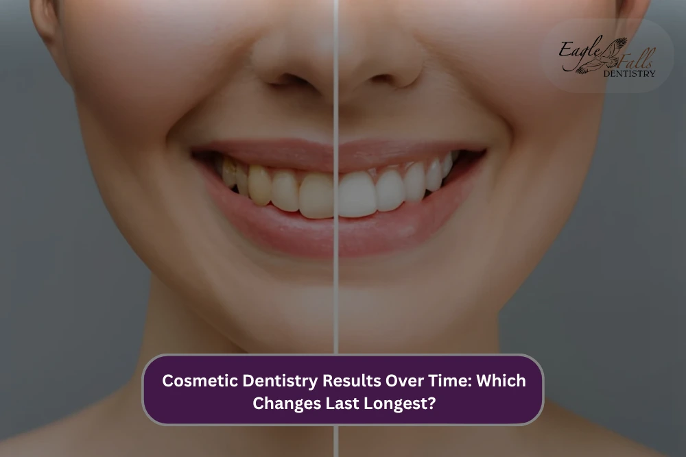 Before-and-after cosmetic dentistry smile showing darker, stained teeth transformed into a brighter, whiter smile.