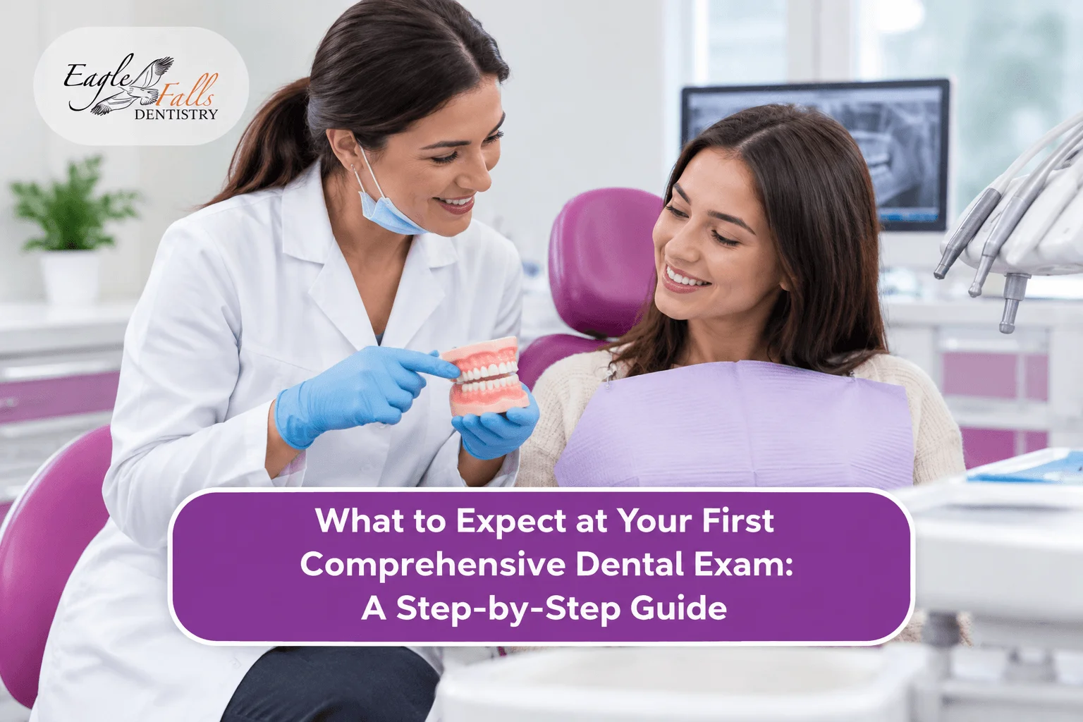 Dentist explaining a comprehensive dental exam to a patient using a dental model in a modern dental clinic.